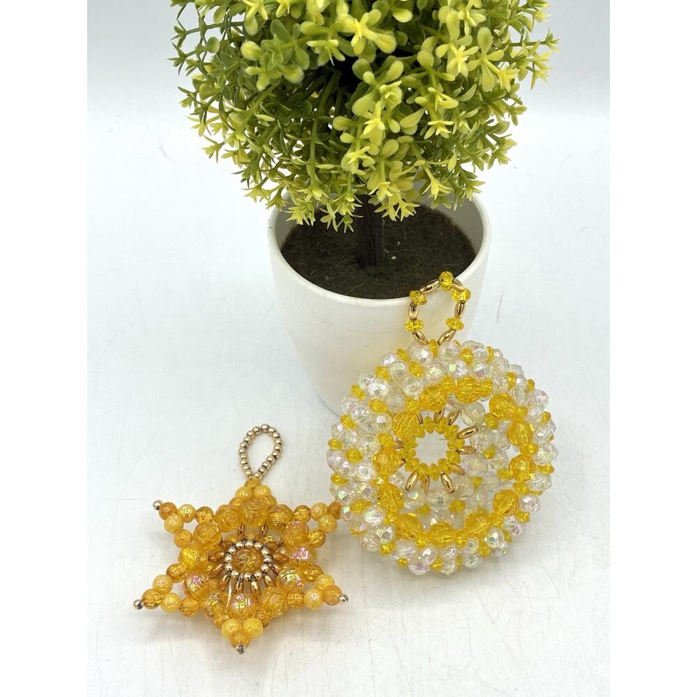Vintage Handmade Beaded Christmas Ornaments Set Star Wreath Gold AB Crystal 2pc